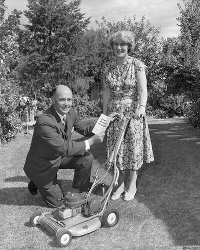 Pair with Lawn Mower, Camberwell, Victoria, 09 Mar 1960