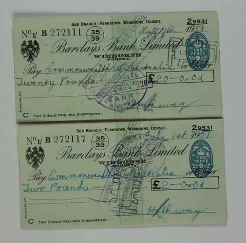 Cheques - Barclays Bank Ltd Dorset, Stanley Hathaway, 9 May 1951