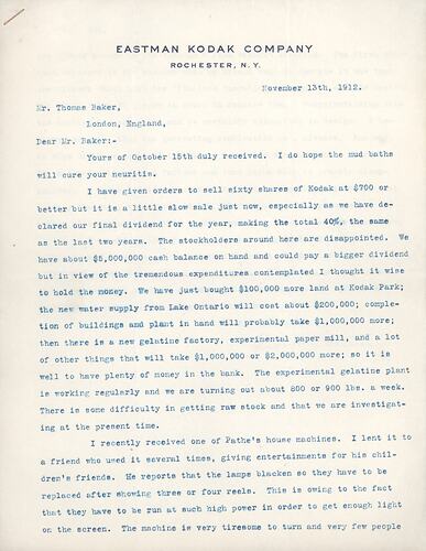 Letter - George Eastman to Thomas Baker, 13 Nov 1912