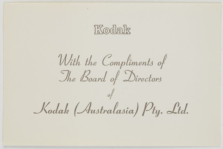 Card - Kodak (Australasia) Pty Ltd, 'With Compliments', circa 1965-1985