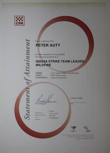 Certificate - CFA, 'Strike Team Leader Wildfire', Peter Auty, Flowerdale, 3 Mar 2008