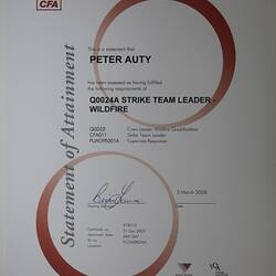 Certificate - CFA, 'Strike Team Leader Wildfire', Peter Auty, Flowerdale, 3 Mar 2008