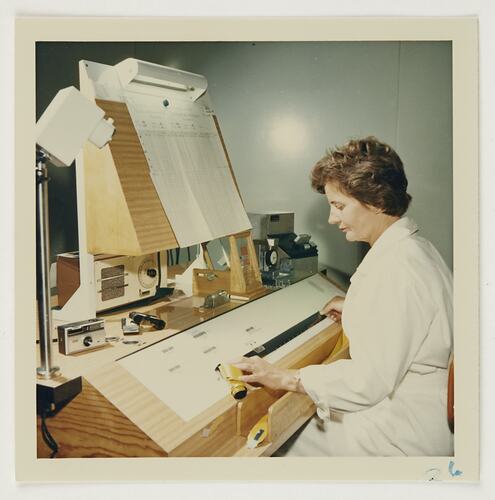 Slide 157, 'Extra Prints of Coburg Lecture', Worker Checking 126 Film, Kodak Factory, Coburg, circa 1960s