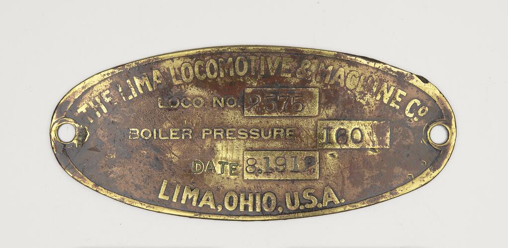 Locomotive Boiler Plate - Lima Locomotive & Machine Co., 1912