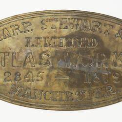 Locomotive Builders Plate - Sharp, Stewart & Co. Ltd, Manchester, England, 1879