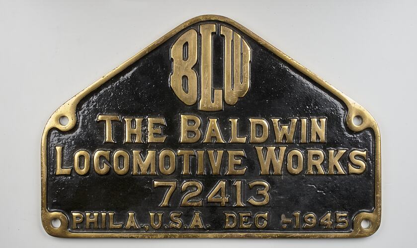 Locomotive Builders Plate - Baldwin Locomotive Works, Philadelphia, USA, 1945