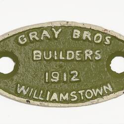 Rollingstock Builders Plate - Gray Bros., Williamstown, 1912