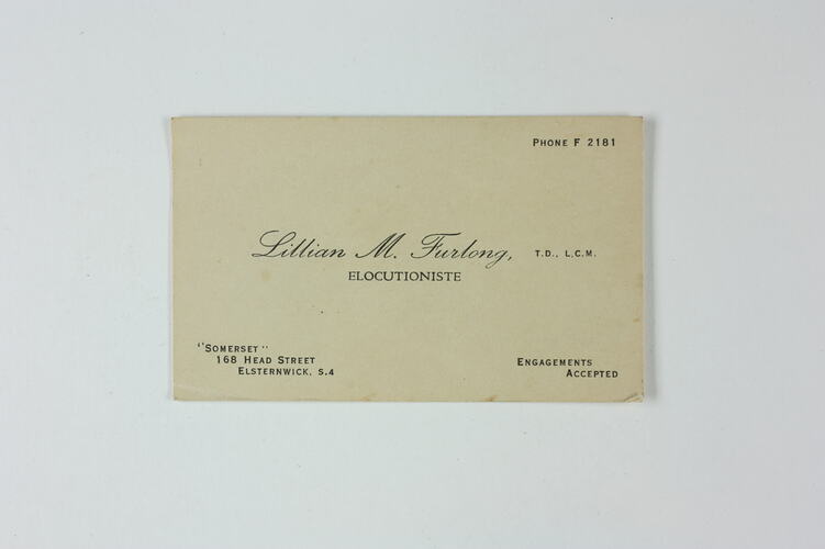 Business Card - Lillian Furlong, Elecutioniste, circa 1950s
