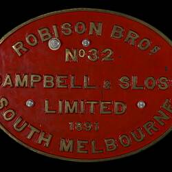 Locomotive Builders Plate - Robison Bros., Campbell & Sloss, 1891