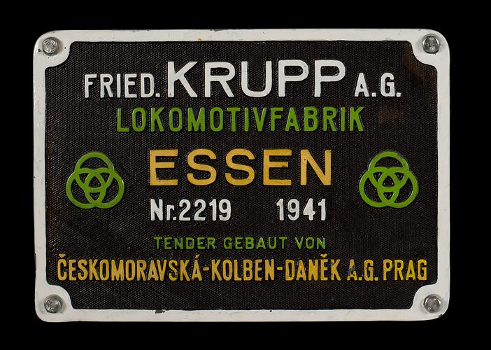 Locomotive Builders Plate - Friedrich Krupp AG, Essen, Germany, 1941