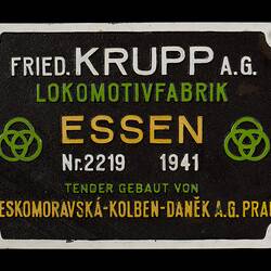 Locomotive Builders Plate - Friedrich Krupp AG, Essen, Germany, 1941