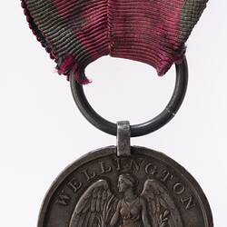 Tarnished silver medal with Victory seated, wings spread, holding a palm and olive branch. Red ribbon.