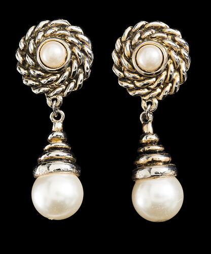 Pair of Earrings - Drop Pearl & Coiled Metal, Bernice Kopple, circa 1960s-1980s