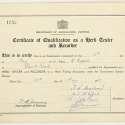 Certificate of Qualification - Herd Tester & Recorder, Dept of Agriculture Victoria, Bernice Kopple, 29 May 1961
