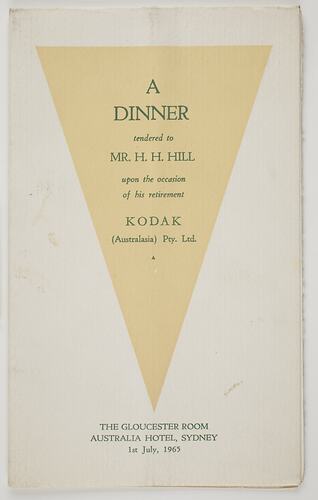 Programme - Kodak Australasia Pty Ltd, Mr H. H. Hills Retirement Dinner, Sydney, 01 Jul 1965, Page 1