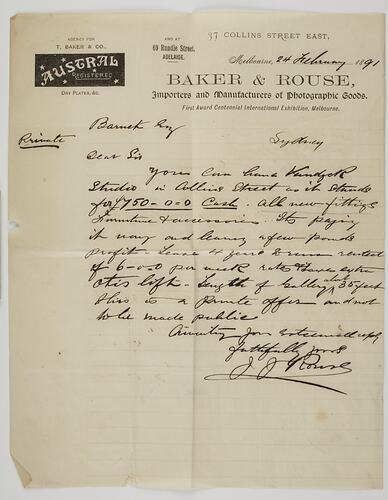 Letter - Baker & Rouse Pty Ltd, J.J. Rouse, Leasing Studio Space, Melbourne, 24 Feb 1891
