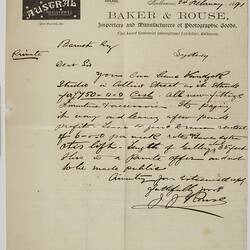 Letter - Baker & Rouse Pty Ltd, From JJ Rouse, to H Walter Barnett, re Purchasing Studio, 274 Collins Street Melbourne, 24 Feb 1891