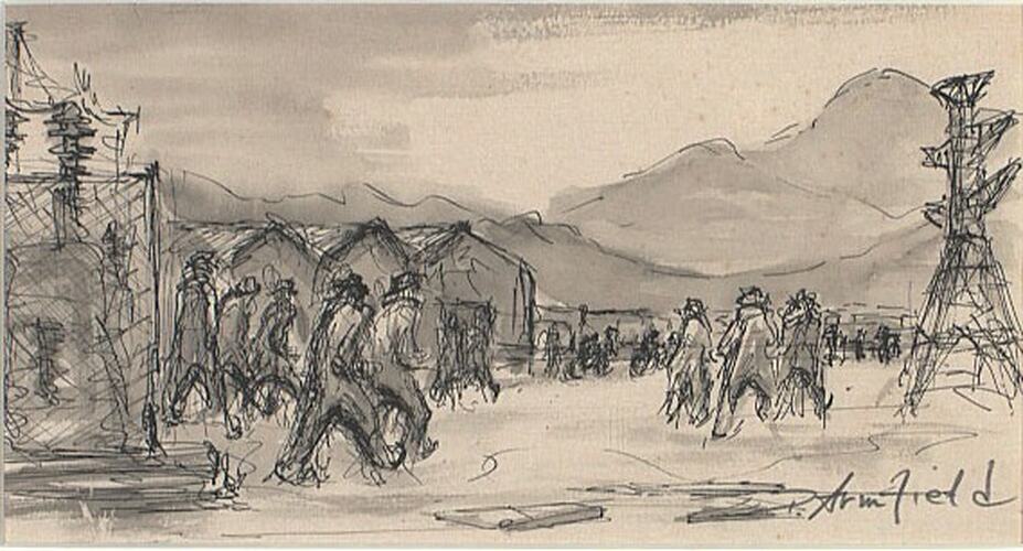 Framed drawing of workers relaxing.