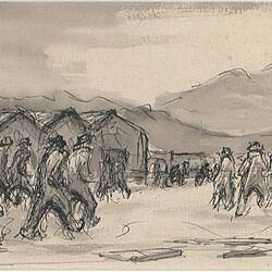 Framed drawing of workers relaxing.