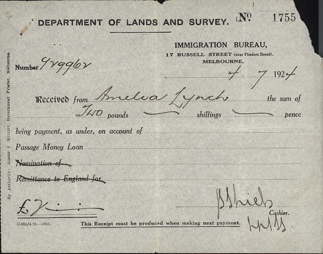 Receipt - Loan Repayment, Department of Lands and Survey, Immigration Bureau, Melbourne 4 Jul 1924