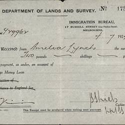 Receipt - Loan Repayment, Amelia Lynch, Department of Lands and Survey, Immigration Bureau, Melbourne 4 Jul 1924