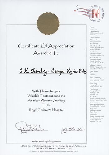 Certificate -  American Women's Auxilliary, Royal Childrens Hospital, to George Kyriakides, Melbourne, 23 Oct 2001