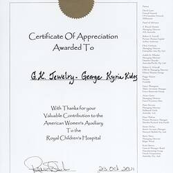Certificate -  American Women's Auxilliary, Royal Childrens Hospital, to George Kyriakides, Melbourne, 23 Oct 2001