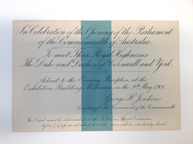 HT 50036, Entree Card - Nicholson Street Entrance, Evening Reception, Australian Commonwealth Celebrations, Exhibition Building, Melbourne, 9 May 1901 (PUBLIC EVENTS)