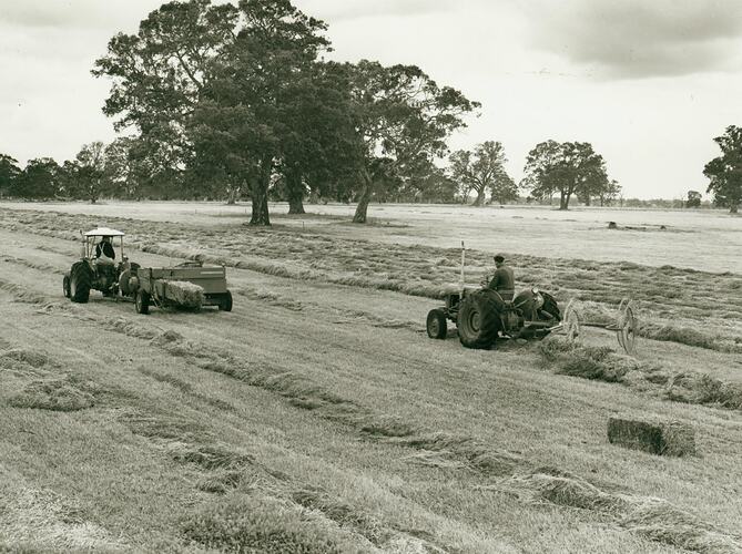Two tractors in field making bales of hay.