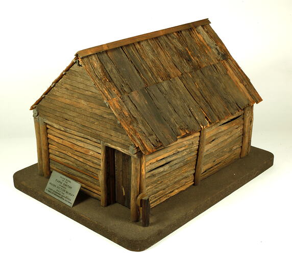 Front right view of farm smithy model.