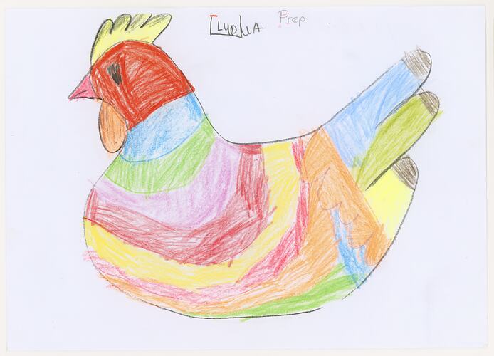 Multi-coloured chicken on white sheet of paper.