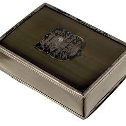 Rectangular whale baleen and silver snuff box. Metal shield on top.