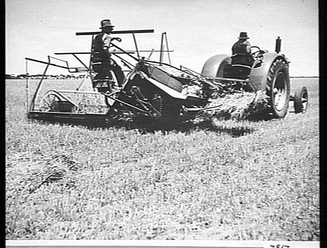 8 FT P.T.O. 6B BINDER & A 203 TRACTOR TAKEN AT WATKINS FARM, SUNSHINE: NOV 1945
