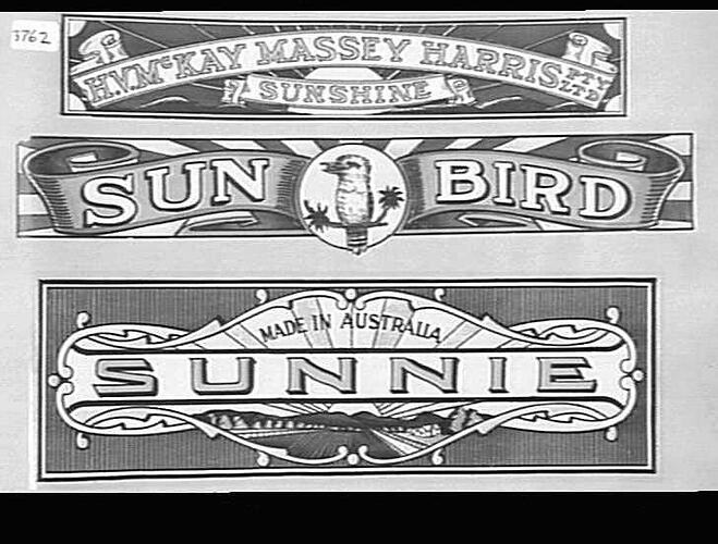 "H.V.MCKAY MASSEY HARRIS SUNSHINE" ; "SUNBIRD" ; "MADE IN AUSTRALIA SUNNIE"