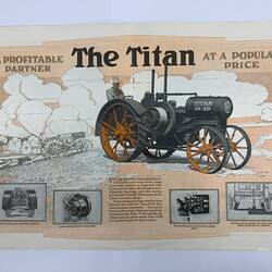 Open pamphlet, one large, four smaller images of tractors. Black and orange printing.