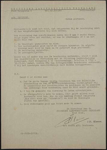 Instruction Sheet - Immigration Requirements, The Netherlands, circa 1952