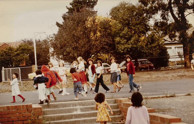 Photograph - Eastbridge Language Centre, Children Gathering on Netball Court, circa 1980