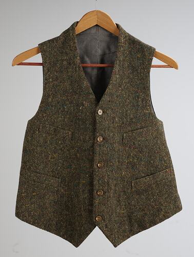 Single breasted brown wool waistcoat with five buttons.