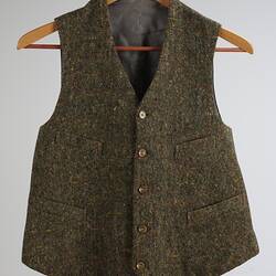 Single breasted brown wool waistcoat with five buttons.