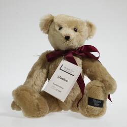 Seated light brown plush bear with red ribbon around neck with white card attached.