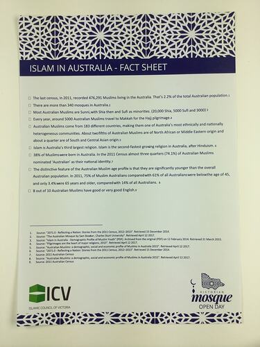 HT 56064, Flyer - 'Islam in Australia-Fact Sheet', Victorian Mosque Open Day, 17 Mar 2019 (RELIGIONS), Document, Registered
