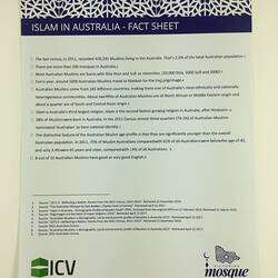 Flyer - 'Islam in Australia-Fact Sheet', Victorian Mosque Open Day, 17 Mar 2019