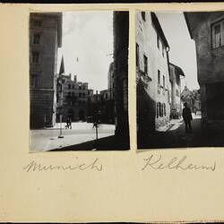 Two black and white photos on off-white page. Handwritten text in pencil. Features
