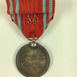 Medal suspended from red ribbon with pale blue stripe. Raised characters on medal.