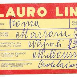 Baggage Label - Flotta Lauro (Reverse) (with handwriting "ss Roma...Melbourne")