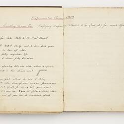 Open book with off white ruled pages. Handwritten text.