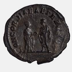 Roughly round coin. Standing draped female and male facing each other holding right hands. Text around.