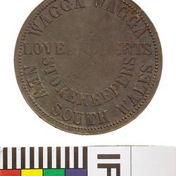 Token - 1 Penny, Love & Roberts, Storekeepers, Wagga Wagga, New South Wales, Australia, 1865