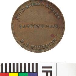 Token - Halfpenny, D.T. Mulligan, Queensland Stores, Rockhampton, Queensland, Australia, 1863