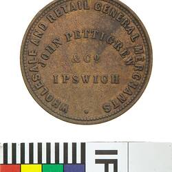 Token - 1 Penny, John Pettigrew & Co, General Merchants, Ipswich, Queensland, Australia, 1865